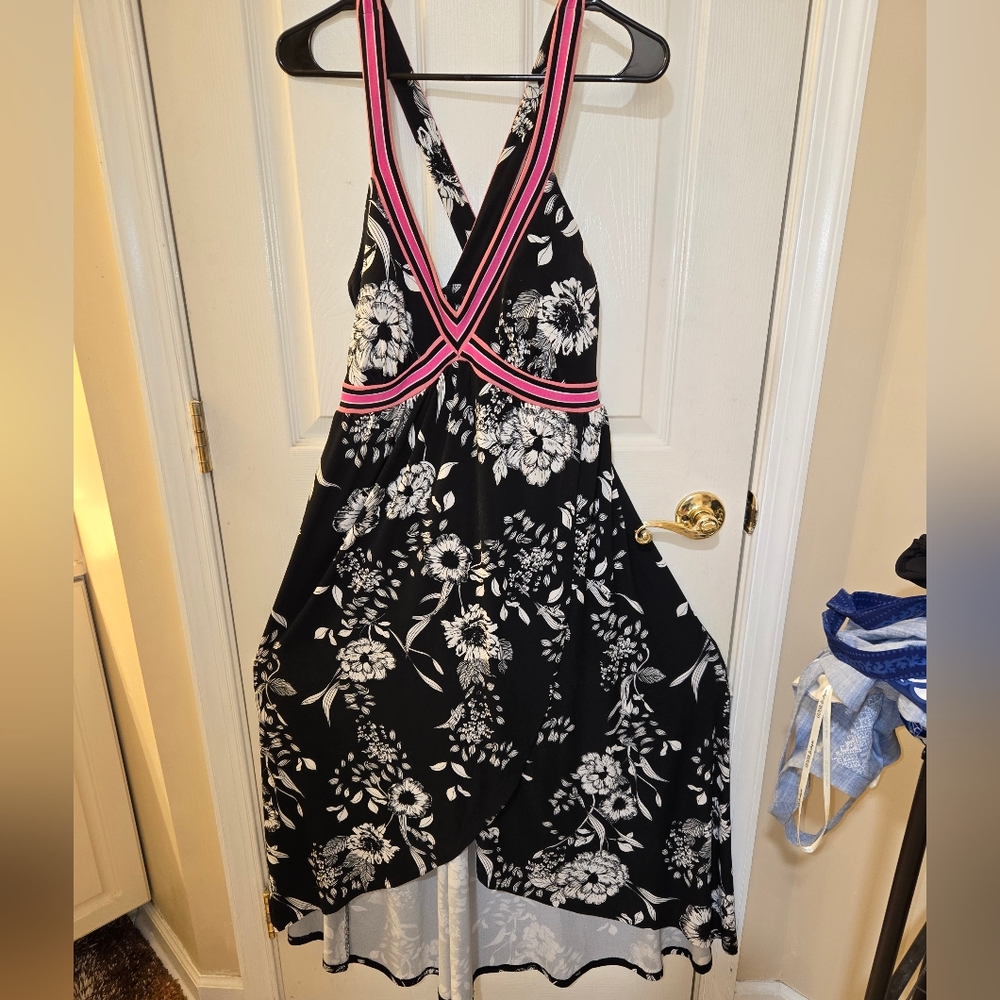 INC International Concepts Black and White Floral Dress with Pink Trim